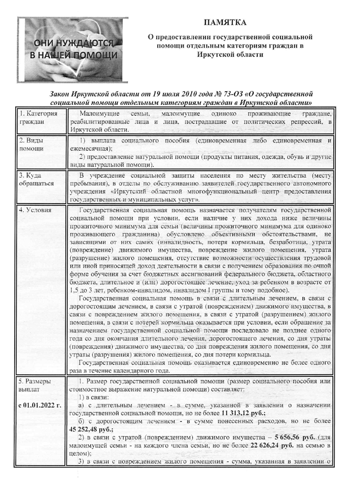 О предоставлении государственной социальной помощи отдельным категориям граждан в Иркутской области
